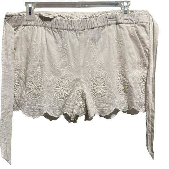 LOFT White Embroidered Scalloped Hem High Rise Fabric Tie Waist Shorts Sz Lg - Picture 7 of 7
